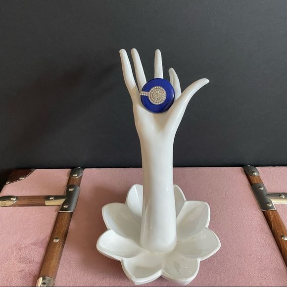 Royal Blue Enamel Round Shaped Stretch Cocktail Ring In Silver Plating Size 7/9 - Picture 6 of 9